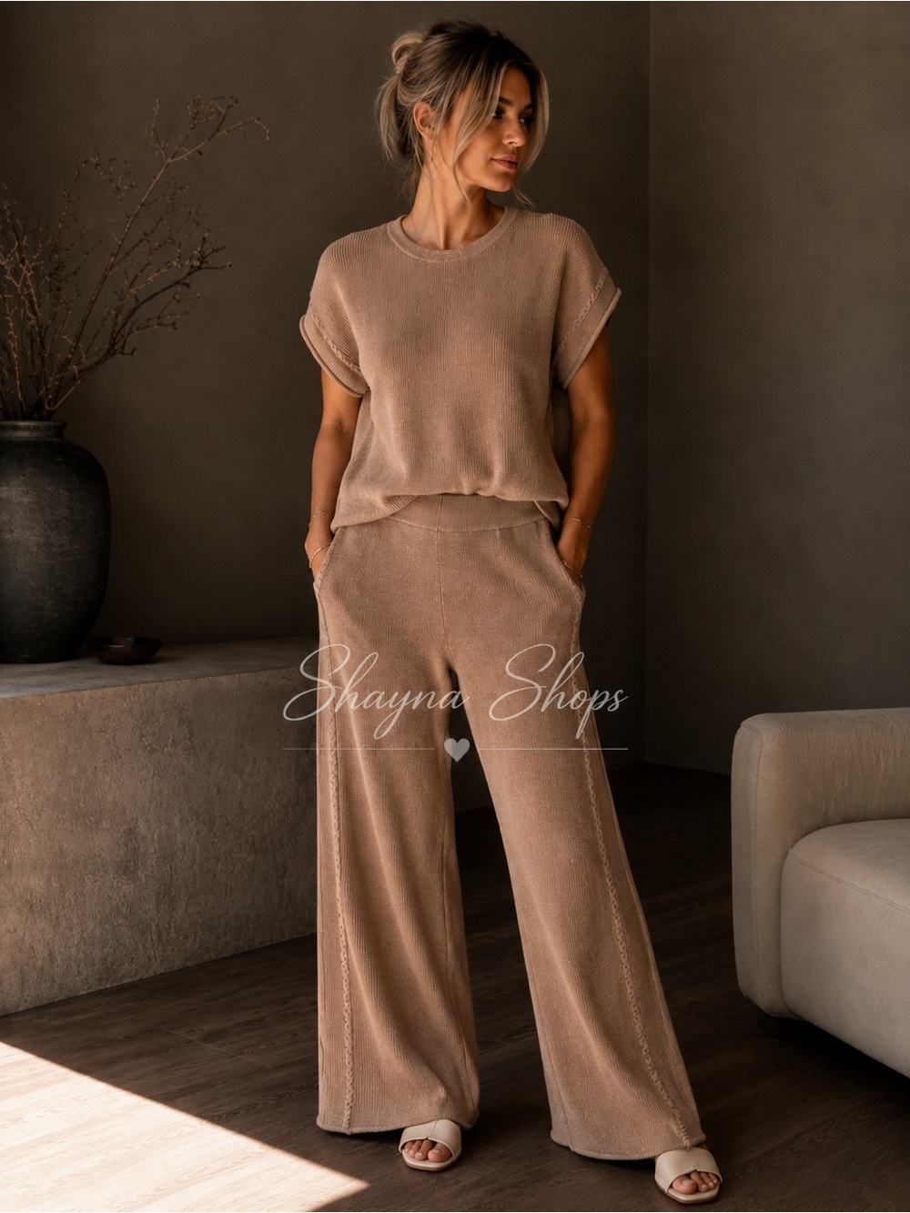 Zenana Sweater Set w/ Wide-Leg Knit Pant in Cocoa — Women